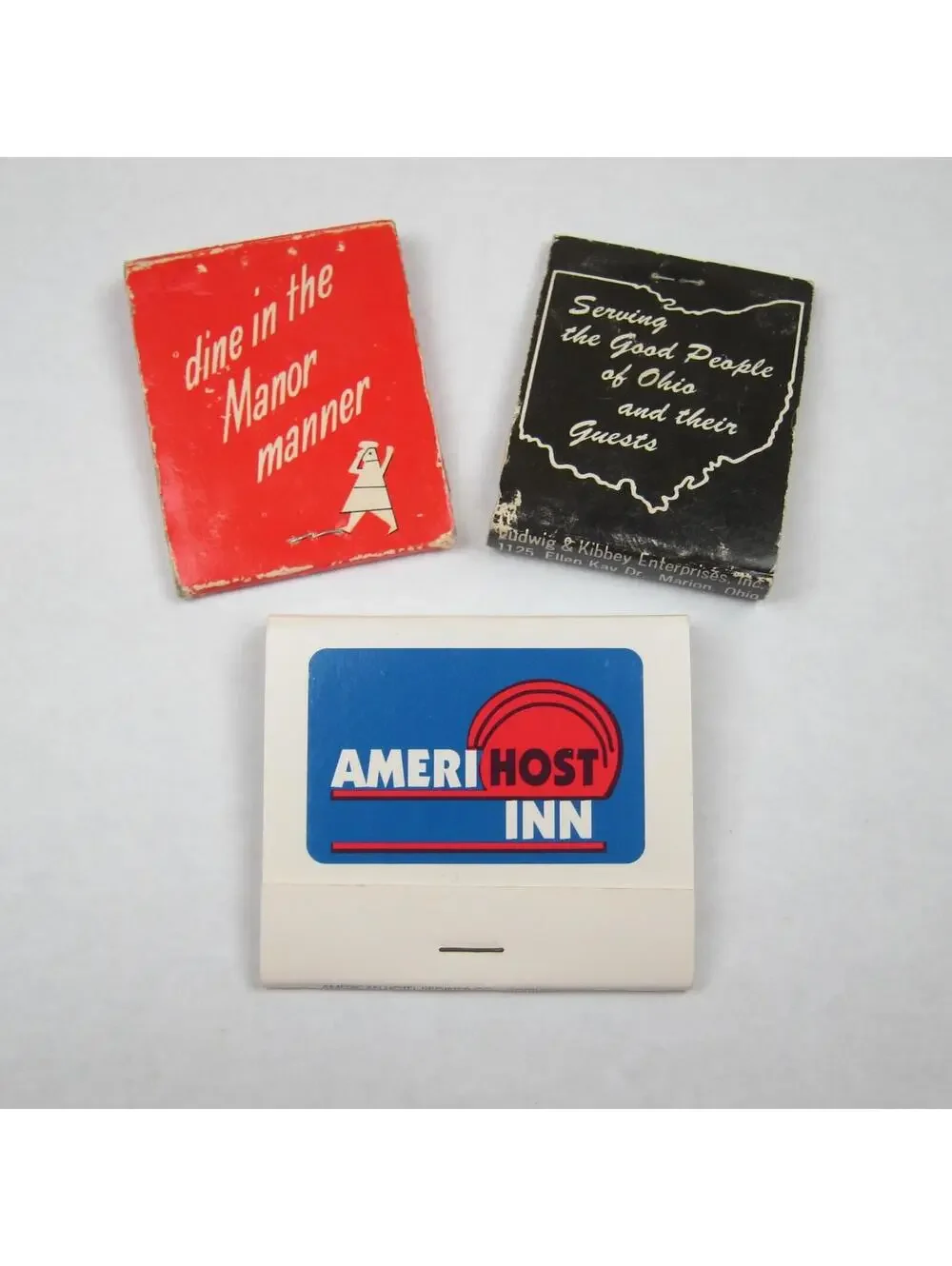 3 Vintage Matchbooks Ohio Manor Restaurants, LK Famous Foods & Amerihost Inn